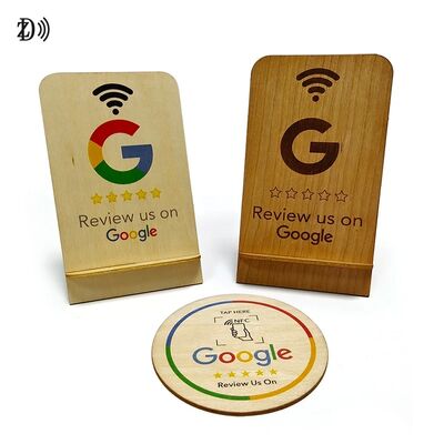 Özel Lazer Kazınmış LOGO QR Kod NTAG213 Ahşap Google Yorum Kartı Standı NFC Google Yorum Kartları